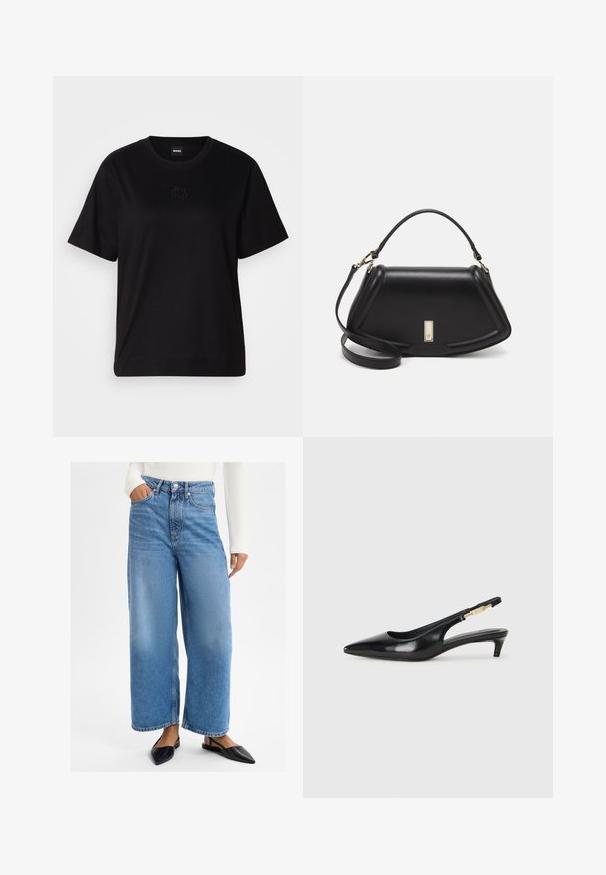 Camiseta de algodón negra con cuello redondo, mangas cortas y un logo bordado en el pecho. Ajuste simple y relajado sin patrones.; Jeans de mezclilla anchos en azul claro con una cintura alta, diseño de cinco bolsillos y cierre de botón de metal. Textura suave y ajuste casual.; Tacones negros de piel sintética tipo slingback con punta afilada, que cuentan con un tacón delgado y un detalle en tono dorado en la correa ajustable. Textura suave.; Bolso de mano de cuero negro con un diseño estructurado, que presenta una forma recortada, asa superior y acentos en dorado. Correa de hombro ajustable incluida.
