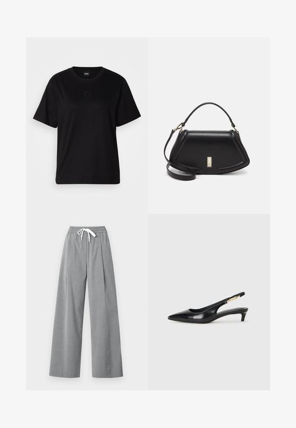 T-shirt en coton noir avec un col rond, des manches courtes et un logo brodé sur la poitrine. Coupe simple et décontractée sans motifs.; Pantalons gris à jambes larges en tissu léger, avec un devant plissé et une taille élastique dotée d'un cordon de serrage blanc.; Talons hauts en cuir noir avec un bout pointu, dotés d'un talon fin et d'un accent en ton or sur la lanière réglable. Texture lisse.; Sac à main en cuir noir avec un design structuré, featuring une forme cropped, une poignée supérieure et des accents en matériel doré. Bandoulière réglable incluse.