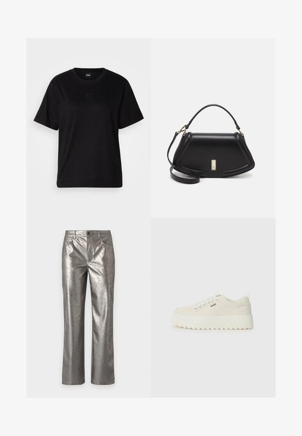 Zwarte katoenen t-shirt met een ronde hals, korte mouwen en een geborduurd logo op de borst. Eenvoudige, comfortabele pasvorm zonder patronen.; Metalen zilveren broek met een rechte snit, vijf zakken en een knoopsluiting. Gladde textuur met een subtiele glans en een minimalistisch ontwerp.; Sneakers in beige canvas met witte veters, dikke witte rubberen zool en zigzagpatroon; logo aan de zijkant geplaatst.; Zwarte leren handtas met een gestructureerd ontwerp, featuring een verkorte vorm, bovenhandvat en gouden hardwareaccent. Inclusief verstelbare schouderband.
