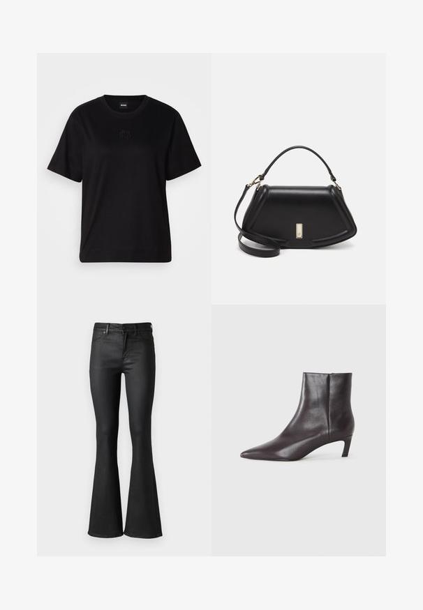 T-shirt negru din bumbac, cu guler rotund, mâneci scurte și un logo brodat pe piept. Design simplu, cu o croială relaxată și fără modele.; Jeans negre evazați cu o textură netedă de denim, având talie medie, bucle pentru curea și buzunare frontale. Culoarea se lărgește la tiv.; Botine negre din piele, cu vârf ascuțit și toc mic, cu finisaj neted, fermoar lateral, prezentate pe un fundal neutru.; Geantă de umăr din piele neagră, cu un design structurat, având o formă tăiată, mânere superioare și accente din aur. Include o curea de umăr ajustabilă.