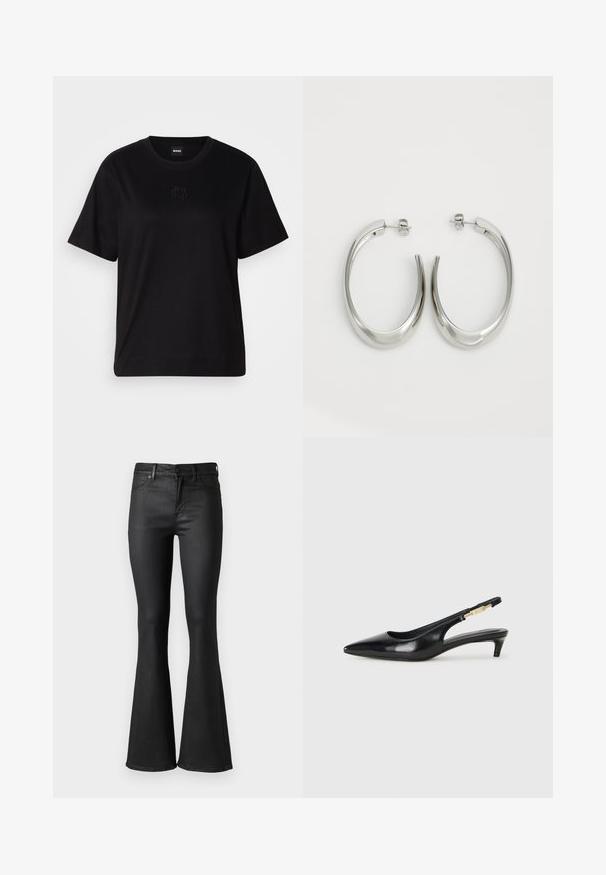 Czarny bawełniany t-shirt z okrągłym dekoltem, krótkimi rękawami i haftowanym logo na piersi. Prosty, luźny krój bez wzorów.; Czarne dżinsy w typie dzwonów o gładkiej teksturze denimu, z średnim stanem, szlufkami na pasek i kieszeniami z przodu. Wewnętrzna szew rozchodzi się na końcu nogawki.; Czarne skórzane szpilki typu slingback z ostrym noskiem, posiadające smukły obcas i złoty akcent na regulowanym pasku. Gładka tekstura.; Srebrne kolczyki-hoop o gładkim, zakrzywionym designie. Posiadają błyszczące metaliczne wykończenie i zapięcie na sztyft. Brak widocznych wzorów lub akcentów.