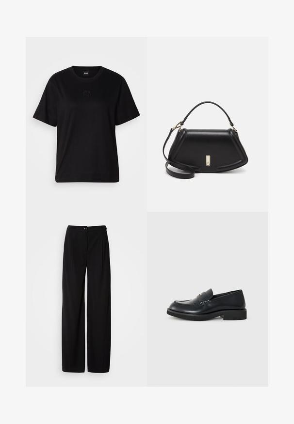 Maglietta in cotone nera con scollatura tonda, maniche corte e logo ricamato sul petto. Design semplice e vestibilità rilassata senza motivi.; Pantaloni neri a gamba larga in un tessuto liscio e intrecciato; con chiusura a bottone e design plissettato per una silhouette strutturata.; Mocassino in pelle nera con punta rotonda, dettagli cuciti e suola in gomma piatta. Presenta una fascia decorativa sulla tomaia.; Borsa a mano in pelle nera con un design strutturato, caratterizzata da una forma corta, manico superiore e accessori in metallo dorato. Inclusa tracolla regolabile.