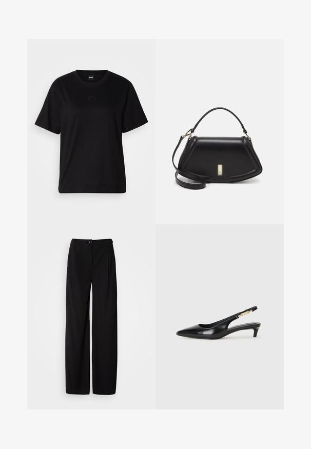 Zwarte katoenen t-shirt met een ronde hals, korte mouwen en een geborduurd logo op de borst. Eenvoudige, comfortabele pasvorm zonder patronen.; Zwarte wijde broek van een soepele, geweven stof; met een knoopsluiting en geplisseerd ontwerp voor een gestructureerd silhouet.; Zwarte leren slingback hakken met een spitse neus, voorzien van een slanke hak en een goudkleurige accent op de verstelbare band. Gladde textuur.; Zwarte leren handtas met een gestructureerd ontwerp, featuring een verkorte vorm, bovenhandvat en gouden hardwareaccent. Inclusief verstelbare schouderband.