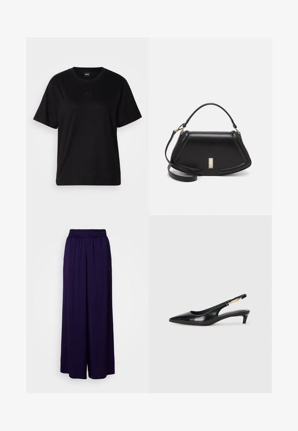 Crna pamučna majica s okruglim izrezom, kratkim rukavima i izvezenim logotipom na prsima. Jednostavan, opušten kroj bez uzorka.; Ljubičaste široke hlače s elastičnim pojasom. Mekan materijal s glatkom teksturom. Dizajn do poda, pogodan za svakodnevno nošenje.; Crne kožne sandale s petom, s izduženim vrhom, imaju usku petu i zlatni akcent na podesivoj traci. Glatka tekstura.; Crna kožna torba s strukturiranim dizajnom, s krojenim oblikom, gornjom drškom i zlatnim detaljima. Uključena je podesiva ramena traka.