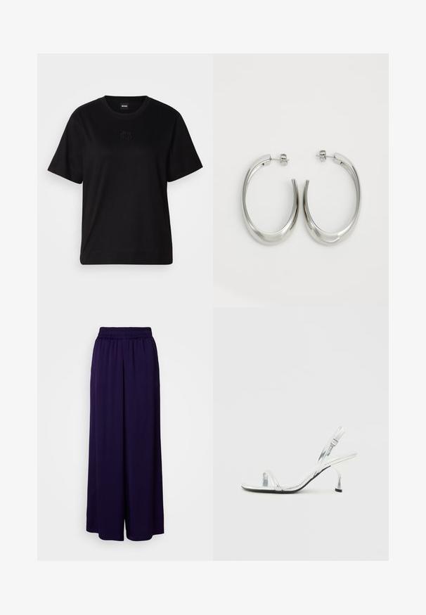 Černé bavlněné tričko s kulatým výstřihem, krátkými rukávy a vyšitým logem na hrudi. Jednoduchý, volný střih bez vzorů.; Fialové kalhoty s širokými nohavicemi a elastickým pasem. Měkká tkanina s hladkým povrchem. Délka ke kotníkům, vhodné pro volný čas.; Stříbrná lakovaná kožená sandálová obuv na vysokém podpatku s úzkým pásem na prstech, nastavitelnou sponou a štíhlým podpatkem.; Stříbrné kruhové náušnice s hladkým, zakřiveným designem. Vyznačují se lesklým kovovým povrchem a zapínáním na patent. Žádné viditelné vzory nebo akcenty.