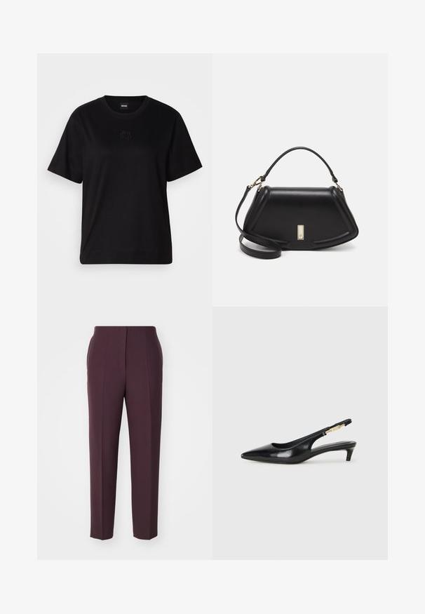 Black cotton t-shirt with a crew neckline, short sleeves, and an embroidered logo on the chest. Simple, relaxed fit with no patterns.; BOSS TETISA - Trousers - open red; Black leather slingback heels with a pointed toe, featuring a slim heel and a gold-tone accent on the adjustable strap. Smooth texture.; Black leather handbag with a structured design, featuring a cropped shape, top handle, and gold hardware accent. Adjustable shoulder strap included.