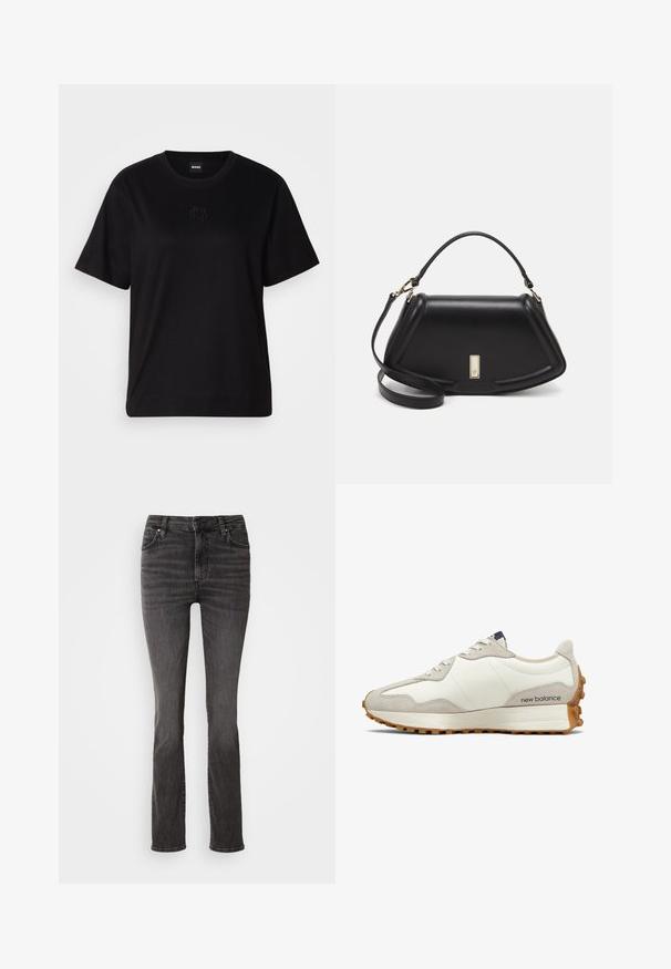 Juodas medvilninis marškinėliai su apvalia iškirpte, trumpomis rankovėmis ir siuvinėjimu ant krūtinės. Paprastas, laisvas siluetas be raštų.; Juodi džinsai su tiesiu kirpimu, penkių kišenių stiliumi ir švelniu blukimu. Turi tradicinį liemenėlę su užtrauktuku.; Baltos ir smėlio spalvos sportbačiai su lygaus odos viršumi, zomšos akcentais, apvaliu nosimi ir tekstūruotu guminio pado dugnu. Prekės ženklas spausdintas šone.; Juoda odinė rankinė su struktūrizuotu dizainu, turi trumpą formą, viršutinę rankeną ir auksinius akcentus. Pridėtas reguliuojamas peties diržas.; Sidabriniai apvalūs auskarai su lygiu, išlenktu dizainu. Yra blizgus metalinis paviršius ir smeigtukų uždarymas. Nėra matomų raštų ar akcentų.