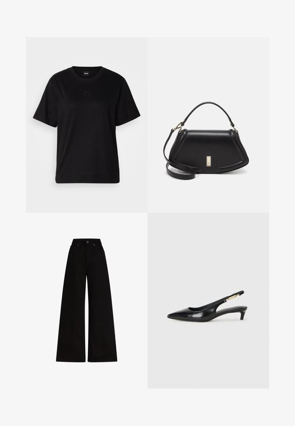 Musta puuvillapaita, jossa on pyöreä kaula-aukko, lyhyet hihat ja brodeerattu logo rinnassa. Yksinkertainen, rento istuvuus ilman kuvioita.; Musta leveälahkeinen farkkuhousu korkea vyötärö, jossa metallinvärinen napitus ja kaksi etutaskua. Suora pinta ja yksinkertainen muotoilu.; Mustat nahkaiset slingback-korkokengät, joissa on terävä kärki, ohuet korot ja kultasävytteinen yksityiskohta säädettävässä hihnassa. Silkkinen pinta.; Mustalla nahkalaukulla, jossa on jämäkkä muotoilu, lyhyt malli, yläkahva ja kultaiset yksityiskohdat. Säädettävä olkahihna sisältyy.