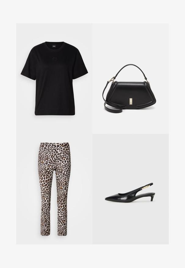 Black cotton t-shirt with a crew neckline, short sleeves, and an embroidered logo on the chest. Simple, relaxed fit with no patterns.; Leopard print pants in a blend of beige, brown, and black with a fitted design and flared hem, featuring a front button closure.; Black leather slingback heels with a pointed toe, featuring a slim heel and a gold-tone accent on the adjustable strap. Smooth texture.; Black leather handbag with a structured design, featuring a cropped shape, top handle, and gold hardware accent. Adjustable shoulder strap included.