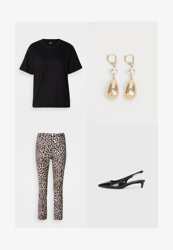 Musta puuvillapaita, jossa on pyöreä kaula-aukko, lyhyet hihat ja brodeerattu logo rinnassa. Yksinkertainen, rento istuvuus ilman kuvioita.; Housut, joissa on leopardikuosi, jossa yhdistyvät beige, ruskea ja musta. Ne ovat vartalonmyötäiset ja levenevät alaspäin, ja niissä on etupuolella napp closure.; Mustat nahkaiset slingback-korkokengät, joissa on terävä kärki, ohuet korot ja kultasävytteinen yksityiskohta säädettävässä hihnassa. Silkkinen pinta.; Korvar i guldton med droppform, som har en glänsande metallisk yta och en silverfärgad pärlaccent.