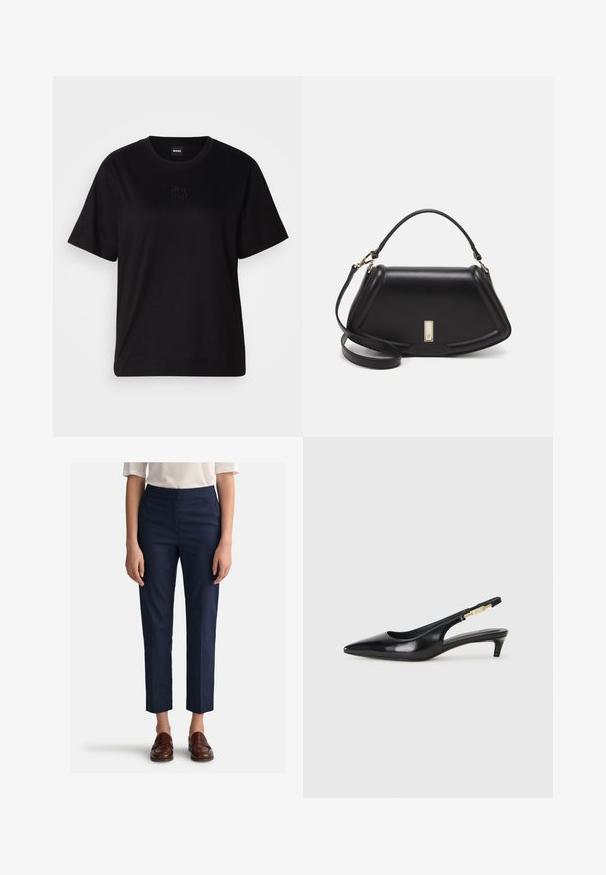 Camiseta de algodón negra con cuello redondo, mangas cortas y un logo bordado en el pecho. Ajuste simple y relajado sin patrones.; Pantalones navy de corte recto, hechos de tela suave, con frente plano y bolsillos laterales. Combinados con mocasines marrones.; Tacones negros de piel sintética tipo slingback con punta afilada, que cuentan con un tacón delgado y un detalle en tono dorado en la correa ajustable. Textura suave.; Bolso de mano de cuero negro con un diseño estructurado, que presenta una forma recortada, asa superior y acentos en dorado. Correa de hombro ajustable incluida.