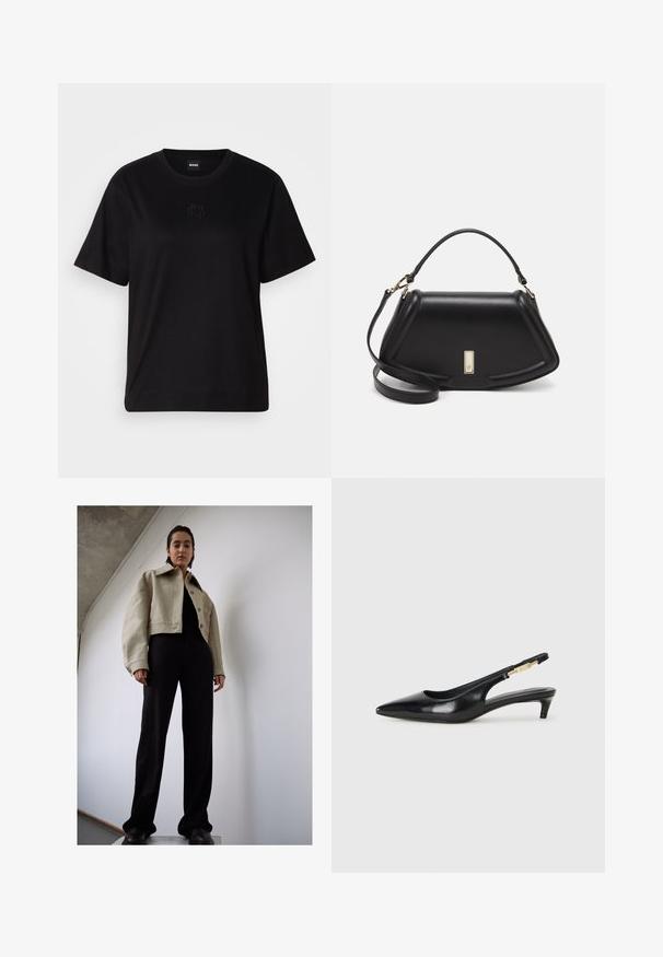 Black cotton t-shirt with a crew neckline, short sleeves, and an embroidered logo on the chest. Simple, relaxed fit with no patterns.; Filippa K MARLOW TROUSER - Trousers - black; Black leather slingback heels with a pointed toe, featuring a slim heel and a gold-tone accent on the adjustable strap. Smooth texture.; Black leather handbag with a structured design, featuring a cropped shape, top handle, and gold hardware accent. Adjustable shoulder strap included.
