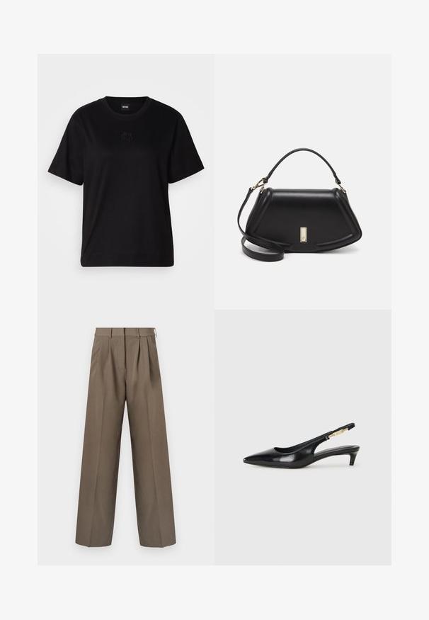Black cotton t-shirt with a crew neckline, short sleeves, and an embroidered logo on the chest. Simple, relaxed fit with no patterns.; Brown tailored trousers with a wide-leg design, pleats, and a smooth texture. Features a fitted waistband and belt loops.; Black leather slingback heels with a pointed toe, featuring a slim heel and a gold-tone accent on the adjustable strap. Smooth texture.; Black leather handbag with a structured design, featuring a cropped shape, top handle, and gold hardware accent. Adjustable shoulder strap included.