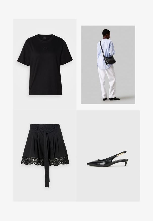 Svart bomull T-skjorte med rund hals, korte ermer og et brodert logo på brystet. Enkel, avslappet passform uten mønstre.; Svart skjørt med en teksturert blondekant med bølgete kanter og duskdetaljer. Designet inkluderer et knyttet midjeakcent.; Sorte lærreim hæler med spiss tå, som har en slank hæl og en gullfarget detalj på den justerbare stroppen. Glatt tekstur.; Svart lær skulderveske med en myk tekstur, trekantet form og justerbar stropp, kombinert med en lyseblå stripete skjorte og hvite bukser.