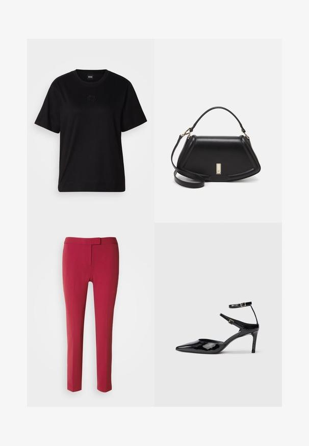 Camiseta de algodón negra con cuello redondo, mangas cortas y un logo bordado en el pecho. Ajuste simple y relajado sin patrones.; Pantalones ajustados rojos con una textura suave, corte slim y frente plano. Diseñados con una cinturilla estrecha y sin bolsillos visibles.; Tacones de charol negros con puntera puntiaguda, correas ajustables en el tobillo y un tacón delgado. Textura suave con un acabado brillante.; Bolso de mano de cuero negro con un diseño estructurado, que presenta una forma recortada, asa superior y acentos en dorado. Correa de hombro ajustable incluida.