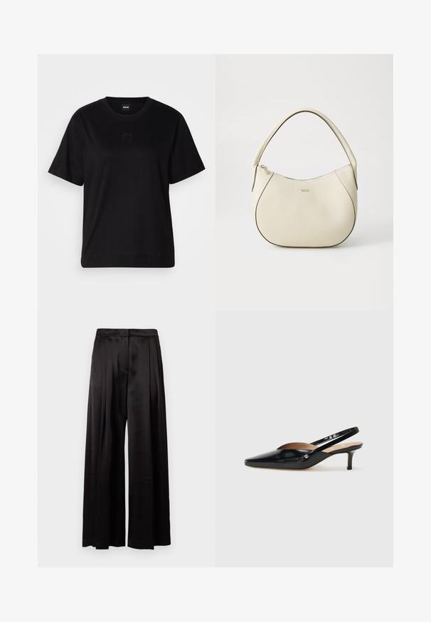 Schwarzes Baumwoll-T-Shirt mit Rundhalsausschnitt, kurzen Ärmeln und aufgesticktem Logo auf der Brust. Einfacher, lässiger Schnitt ohne Muster.; Schwarze, weit geschnittene Hosen aus glattem Satinmaterial. Mit einem gefältelten Vorderteil und einer hohen Taille, die einen eleganten Look verleiht. Keine sichtbaren Taschen.; Schwarze Lackleder Slingback-Pump mit spitzem Zehenbereich, kleinem Absatz und einem Ausschnittdesign auf dem Vorderteil. Hardware in Goldton als Akzent an der Seite.; Cremfarbener Handtasche mit strukturiertem Finish, gebogener Form, kurzem Griff und Logo-Detail in Gold. Reißverschlussverschluss oben.