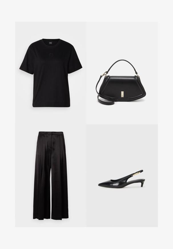 Black cotton t-shirt with a crew neckline, short sleeves, and an embroidered logo on the chest. Simple, relaxed fit with no patterns.; Black wide-leg trousers made of smooth satin fabric. Features a pleated front and a high waist with a sleek finish. No visible pockets.; Black leather slingback heels with a pointed toe, featuring a slim heel and a gold-tone accent on the adjustable strap. Smooth texture.; Black leather handbag with a structured design, featuring a cropped shape, top handle, and gold hardware accent. Adjustable shoulder strap included.