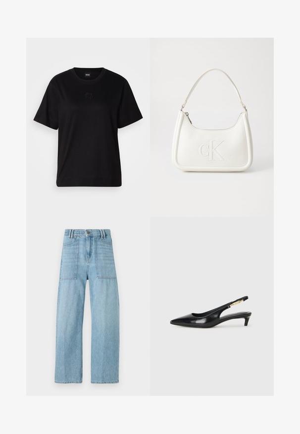 T-shirt negru din bumbac, cu guler rotund, mâneci scurte și un logo brodat pe piept. Design simplu, cu o croială relaxată și fără modele.; Jeans din denim de culoare bleu deschis, cu talie înaltă, picioare largi și două buzunare mari în față. Materialul are o textură netedă și o decolorare subtilă.; Sandale slingback din piele neagră cu vârf ascuțit, având un toc subțire și un accent de culoare aurie pe curea ajustabilă. Textură netedă.; Geantă de umăr din piele albă cu formă curbată, având un logo "CK" embosat pe partea din față și un singur braț de umăr. Închidere cu fermoar în partea de sus.