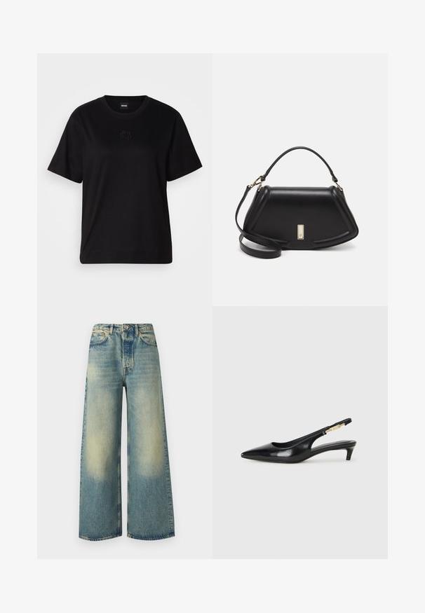 Black cotton t-shirt with a crew neckline, short sleeves, and an embroidered logo on the chest. Simple, relaxed fit with no patterns.; Light blue wide-leg jeans with a faded finish, featuring a button fly, five-pocket design, and contrasting stitching details.; Black leather slingback heels with a pointed toe, featuring a slim heel and a gold-tone accent on the adjustable strap. Smooth texture.; Black leather handbag with a structured design, featuring a cropped shape, top handle, and gold hardware accent. Adjustable shoulder strap included.