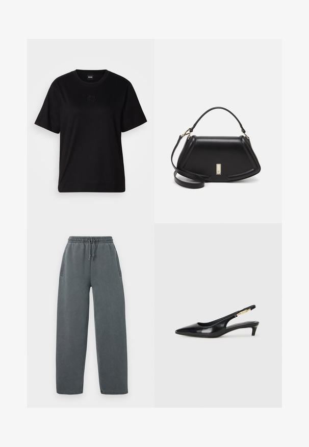 Black cotton t-shirt with a crew neckline, short sleeves, and an embroidered logo on the chest. Simple, relaxed fit with no patterns.; Gray sweatpants with a drawstring elastic waistband, side pockets, and a relaxed fit. Made from a soft, textured fabric.; Black leather slingback heels with a pointed toe, featuring a slim heel and a gold-tone accent on the adjustable strap. Smooth texture.; Black leather handbag with a structured design, featuring a cropped shape, top handle, and gold hardware accent. Adjustable shoulder strap included.