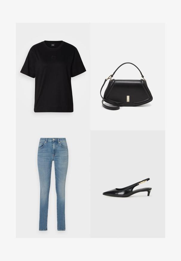 Camiseta de algodón negra con cuello redondo, mangas cortas y un logo bordado en el pecho. Ajuste simple y relajado sin patrones.; Jeans ajustados en denim azul claro, con una cintura de altura media, diseño de cinco bolsillos y un leve desgastado. Bajo deshilachado en los tobillos.; Tacones negros de piel sintética tipo slingback con punta afilada, que cuentan con un tacón delgado y un detalle en tono dorado en la correa ajustable. Textura suave.; Bolso de mano de cuero negro con un diseño estructurado, que presenta una forma recortada, asa superior y acentos en dorado. Correa de hombro ajustable incluida.