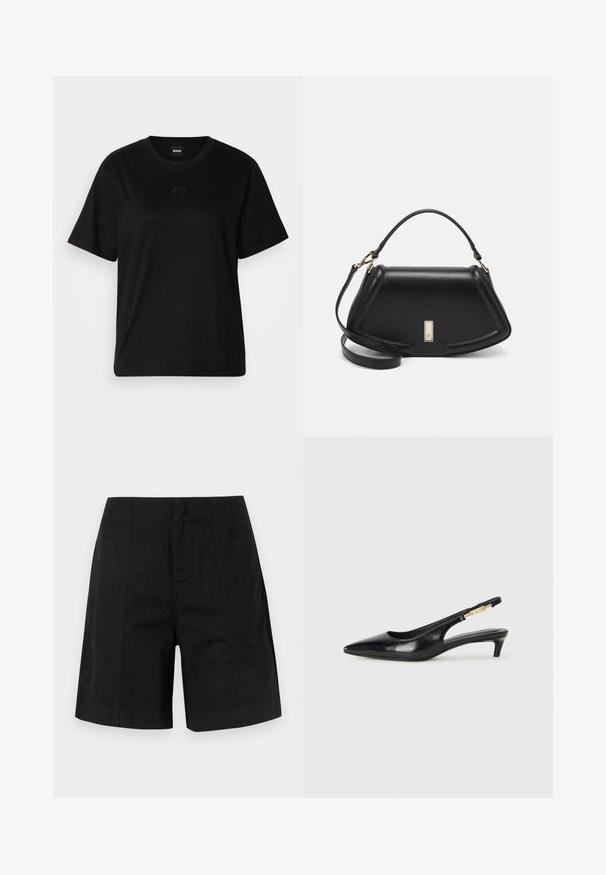 Čierne bavlnené tričko s okrúhlym výstrihom, krátkymi rukávmi a vyšívaným logom na hrudi. Jednoduchý, voľný strih bez vzorov.; Čierne formálne šortky z ľahkej tkaniny s vycibreným dizajnom, ktorý obsahuje vertikálne pruhy a rovný lem. Žiadne viditeľné vrecká.; Čierne kožené slingback opätky s špicatou špičkou, s úzkym opätkom a zlatým detailom na nastaviteľnom remienku. Hladká textúra.; Čierna kožená kabelka so štruktúrovaným dizajnom, s krátkym tvarom, hornou rúčkou a zlatými prvkami. Súčasťou je nastaviteľný ramenný popruh.