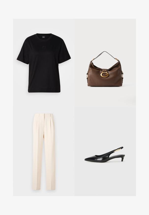 Melna kokvilnas T-krekls ar apaļu izgriezumu, īsām piedurknēm un izšūtu logotipu uz krūtīm. Vienkāršs, brīvs piegriezums bez rakstiem.; Bēšas uzvalka bikses ar krokām, īpašības taisna griezuma un gludas tekstūras. Jostasvieta ir vienkārša, bez redzamām detaļām.; Melnas ādas slingback zābaki ar smailu purngalu, ar šauru papēdi un zelta krāsas akcentu uz regulējama siksniņas. Gluda tekstūra.; Brūna ādas rokassoma ar teksturētu virsmu, kurai ir zelta toņa aparatūras sprādze un viena izliekta plecu siksna.