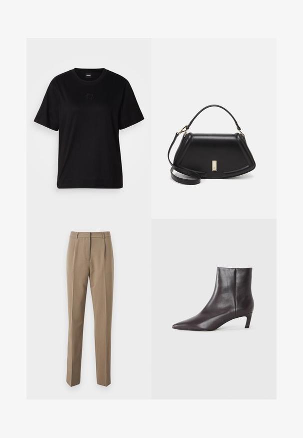 Zwarte katoenen t-shirt met een ronde hals, korte mouwen en een geborduurd logo op de borst. Eenvoudige, comfortabele pasvorm zonder patronen.; Bruine op maat gemaakte broek van gladde stof, met een rechte pijp, plooien aan de voorkant en een tailleband met riemlussen.; Zwarte leren enkellaars met spitse neus en lage kitten heel, gladde afwerking, zijrits, getoond op een neutrale achtergrond.; Zwarte leren handtas met een gestructureerd ontwerp, featuring een verkorte vorm, bovenhandvat en gouden hardwareaccent. Inclusief verstelbare schouderband.