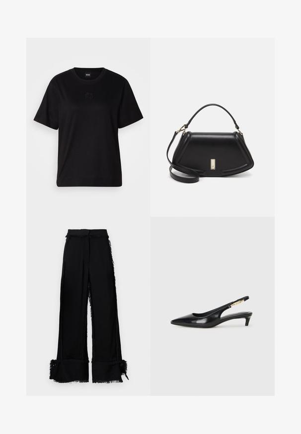 T-shirt en coton noir avec un col rond, des manches courtes et un logo brodé sur la poitrine. Coupe simple et décontractée sans motifs.; Pantalons noirs à jambes larges avec des bords frangés, une finition texturée, des fentes sur les côtés et des boutons décoratifs à l'ourlet. Ceinture ajustée.; Talons hauts en cuir noir avec un bout pointu, dotés d'un talon fin et d'un accent en ton or sur la lanière réglable. Texture lisse.; Sac à main en cuir noir avec un design structuré, featuring une forme cropped, une poignée supérieure et des accents en matériel doré. Bandoulière réglable incluse.