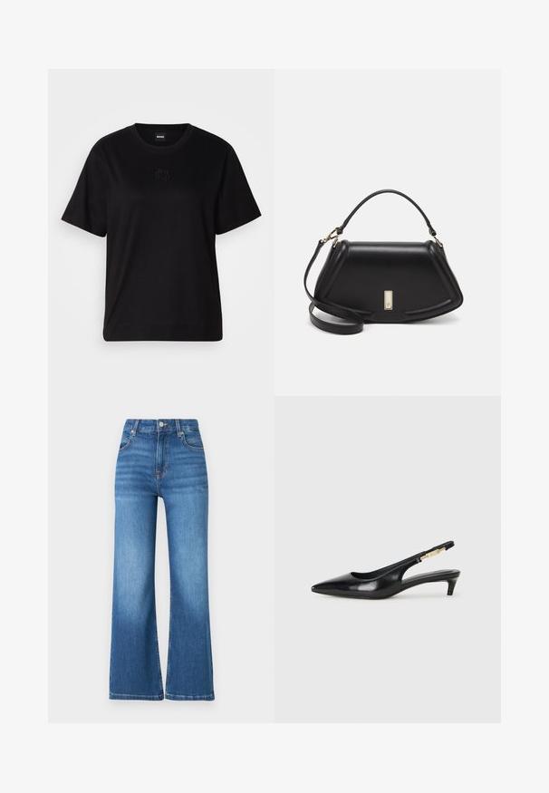 Maglietta in cotone nera con scollatura tonda, maniche corte e logo ricamato sul petto. Design semplice e vestibilità rilassata senza motivi.; Jeans a vita alta e svasati di colore blu, realizzati in denim, con una tonalità blu media, cinque tasche e dettagli di cucitura sottili lungo le cuciture.; Tacchi slingback in pelle nera con punta affusolata, caratterizzati da un tacco alto e un accento dorato sulla cinghia regolabile. Texture liscia.; Borsa a mano in pelle nera con un design strutturato, caratterizzata da una forma corta, manico superiore e accessori in metallo dorato. Inclusa tracolla regolabile.