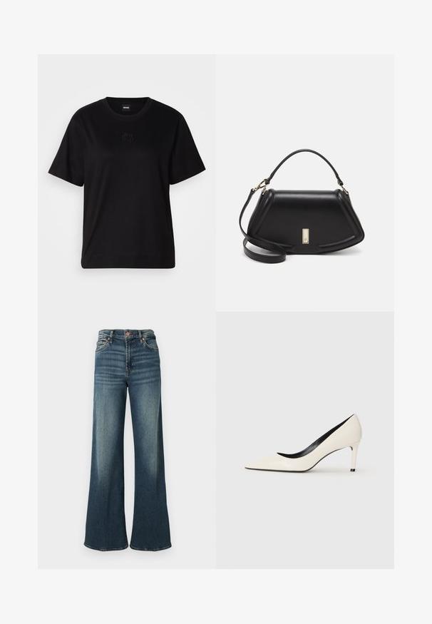 Black cotton t-shirt with a crew neckline, short sleeves, and an embroidered logo on the chest. Simple, relaxed fit with no patterns.; Dark blue wide-leg jeans made of denim, featuring a classic five-pocket design, copper hardware, and subtle fading on the front.; White patent leather high-heeled pump with a pointed toe, slim heel, and black interior detailing. Smooth texture and sleek design.; Black leather handbag with a structured design, featuring a cropped shape, top handle, and gold hardware accent. Adjustable shoulder strap included.