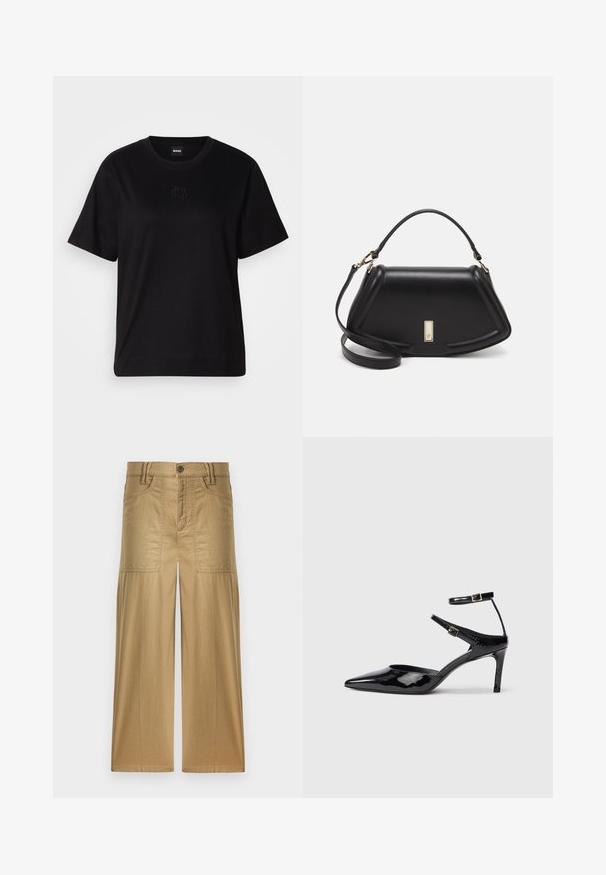 Svart bomull T-skjorte med rund hals, korte ermer og et brodert logo på brystet. Enkel, avslappet passform uten mønstre.; KHAKI vide bukse laget av slitesterk bomullsblanding. Har to sidelommer og lukking med knapp foran. Glatt tekstur.; Sorte lakkede hæle med spids tå, justerbare ankelstropper og en slank hæl. Glat tekstur med en skinnende overflade.; Sort lærveske med en strukturert design, som har en avkortet form, topphåndtak og detaljer i gull. Justerbar skulderstropp inkludert.