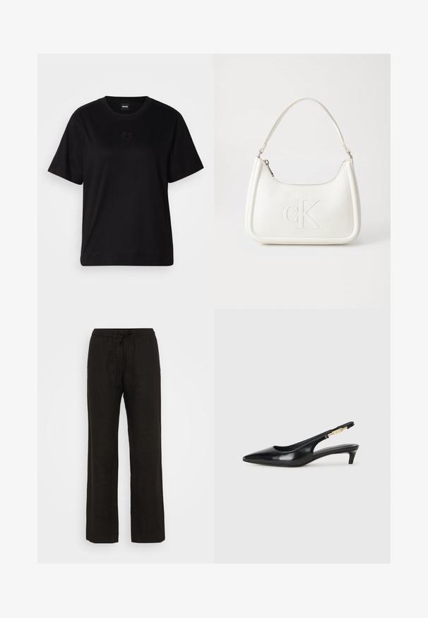 Black cotton t-shirt with a crew neckline, short sleeves, and an embroidered logo on the chest. Simple, relaxed fit with no patterns.; Black linen pants with a relaxed fit, featuring an elastic waistband and adjustable drawstring. Smooth texture and wide leg design.; Black leather slingback heels with a pointed toe, featuring a slim heel and a gold-tone accent on the adjustable strap. Smooth texture.; White leather handbag with a curved shape, featuring an embossed "CK" logo on the front and a single shoulder strap. Zipper closure at top.