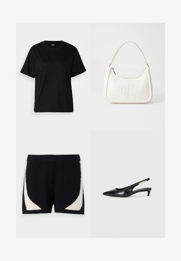 Zwarte katoenen t-shirt met een ronde hals, korte mouwen en een geborduurd logo op de borst. Eenvoudige, comfortabele pasvorm zonder patronen.; Zwarte gebreide shorts met contrasterende crème geometrische patronen aan de zijkanten. Voorzien van een geribbelde tailleband en een zachte textuur.; Zwarte leren slingback hakken met een spitse neus, voorzien van een slanke hak en een goudkleurige accent op de verstelbare band. Gladde textuur.; Witte lederen handtas met een gebogen vorm, voorzien van een reliëf "CK" logo aan de voorkant en een enkele schouderriem. Ritsluiting aan de bovenkant.