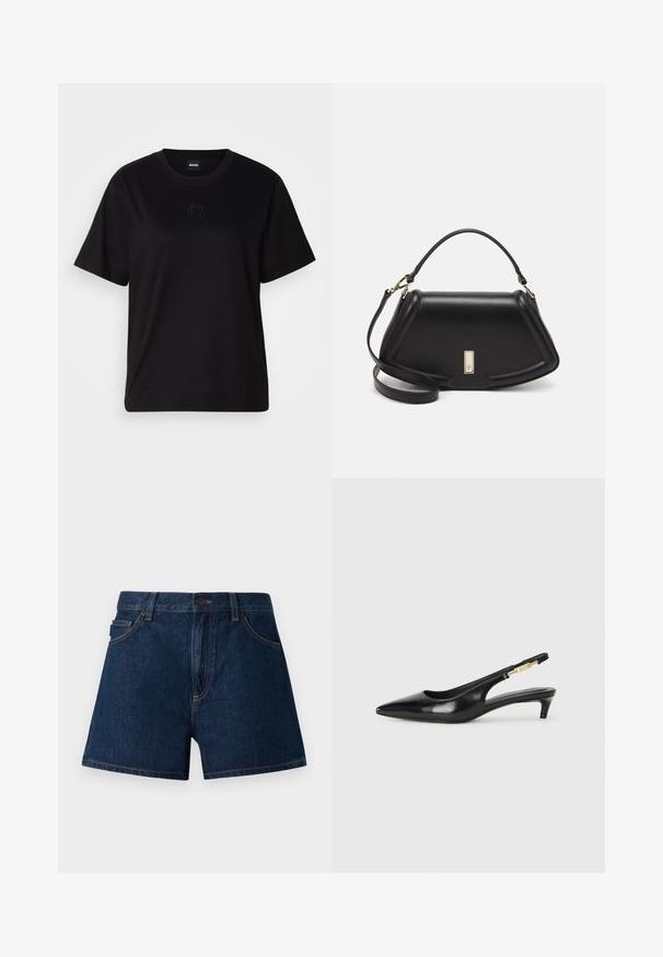 Μαύρο βαμβακερό μπλουζάκι με στρογγυλή λαιμόκοψη, κοντά μανίκια και κεντημένο λογότυπο στο στήθος. Απλή, χαλαρή γραμμή χωρίς σχέδια.; Τζιν σορτς σε σκούρο μπλε με κ经典κή εφαρμογή, διαθέτοντας πέντε τσέπες, κλείσιμο με κουμπί και διακριτές λεπτομέρειες ραφής.; Μαύρες δερμάτινες γόβες slingback με μυτερή μύτη, διαθέτοντας λεπτό τακούνι και χρυσή λεπτομέρεια στην ρυθμιζόμενη λωρίδα. Λείος υφές.; Μαύρη δερμάτινη τσάντα με δομημένο σχέδιο, που διαθέτει κομμένο σχήμα, επάνω λαβή και χρυσά μεταλλικά στοιχεία. Περιλαμβάνει ρυθμιζόμενο λουρί ώμου.