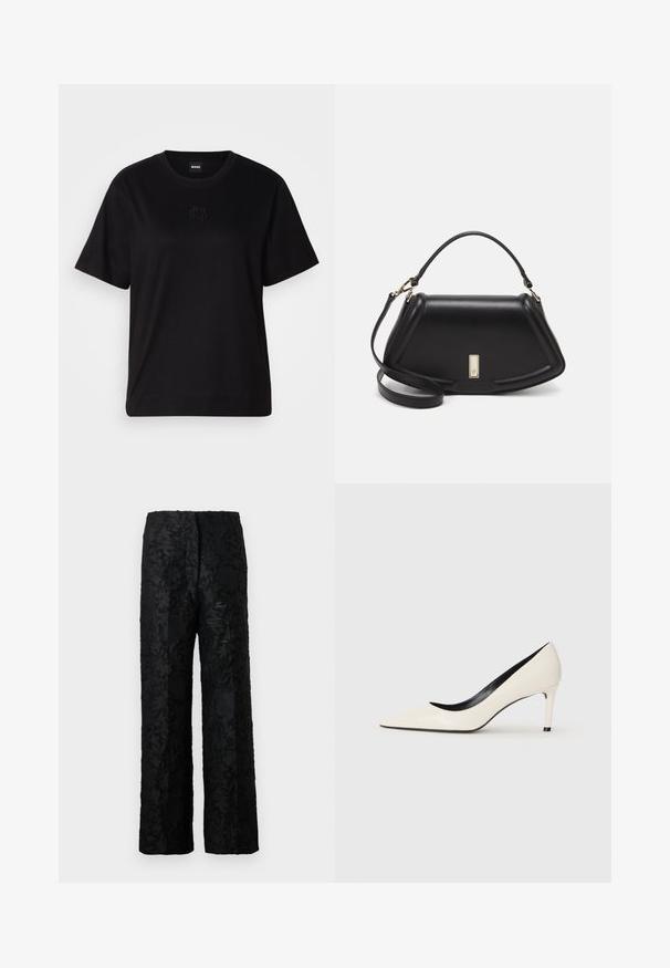 Schwarzes Baumwoll-T-Shirt mit Rundhalsausschnitt, kurzen Ärmeln und aufgesticktem Logo auf der Brust. Einfacher, lässiger Schnitt ohne Muster.; Schwarze Hose mit strukturiertem Blumenmuster, aus weichem Material, mit weiter, lockerer Beinform und hoher Taille.; Weiße Lackleder-Pump mit hohen Absätzen, spitzem Zehenbereich, schlankem Absatz und schwarzer Innenausstattung. Glatte Textur und elegantes Design.; Schwarze Lederhandtasche mit einem strukturierten Design, das eine verkürzte Form, einen oberen Griff und goldfarbene Hardware-Details aufweist. Verstellbarer Schulterriemen ist enthalten.