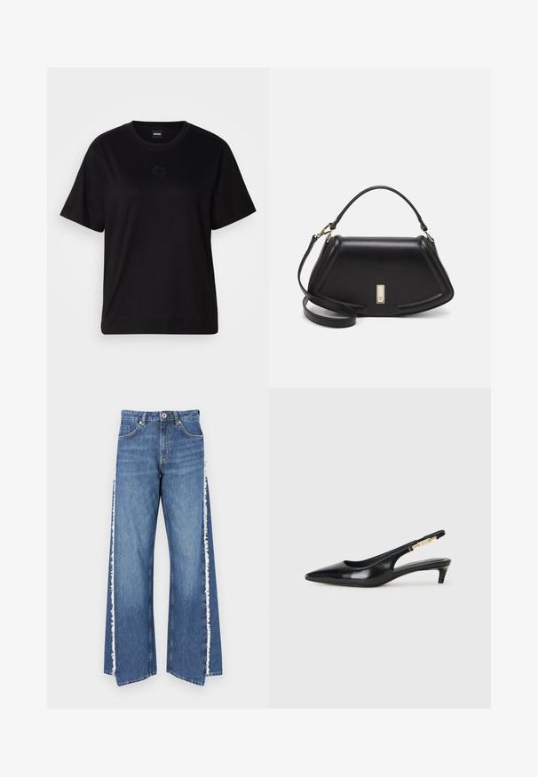 T-shirt de algodão preto com decote redondo, mangas curtas e um logótipo bordado no peito. Corte simples e descontraído, sem padrões.; Jeans de perna larga azul claro com bordas desfiadas ao longo das costuras laterais, feitos de denim, apresentando um design clássico de cinco bolsos.; Saltos slingback em couro preto com bico fino, apresentando um salto esguio e um detalhe em tom dourado na alça ajustável. Textura suave.; Bolsa de couro preta com um design estruturado, apresentando uma forma cropped, alça superior e detalhes em metal dourado. Inclui uma alça de ombro ajustável.