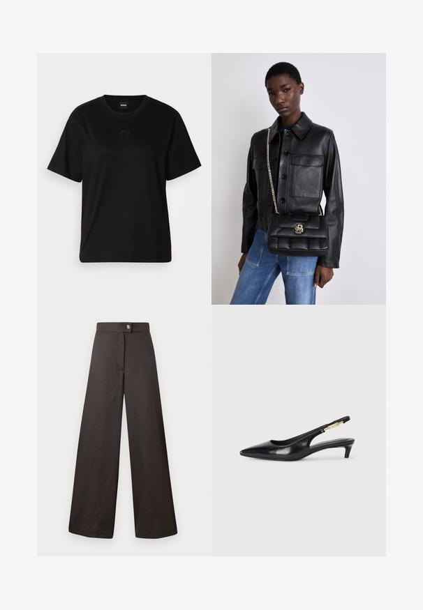 Musta puuvillapaita, jossa on pyöreä kaula-aukko, lyhyet hihat ja brodeerattu logo rinnassa. Yksinkertainen, rento istuvuus ilman kuvioita.; Mustat leveät housut, joissa on sileä pinta, varustettu edessä napilla kiinnityksellä ja siistillä, yksinkertaisella muotoilulla. Ei näkyviä kuvioita tai koristeita.; Mustat nahkaiset slingback-korkokengät, joissa on terävä kärki, ohuet korot ja kultasävytteinen yksityiskohta säädettävässä hihnassa. Silkkinen pinta.; Mustat nahkatakki, jossa on napitus ja kaksi etutaskua, yhdistetty mustaan tikattuun käsilaukkuun, jossa on kultainen lukko ja ketjuolkaimet.