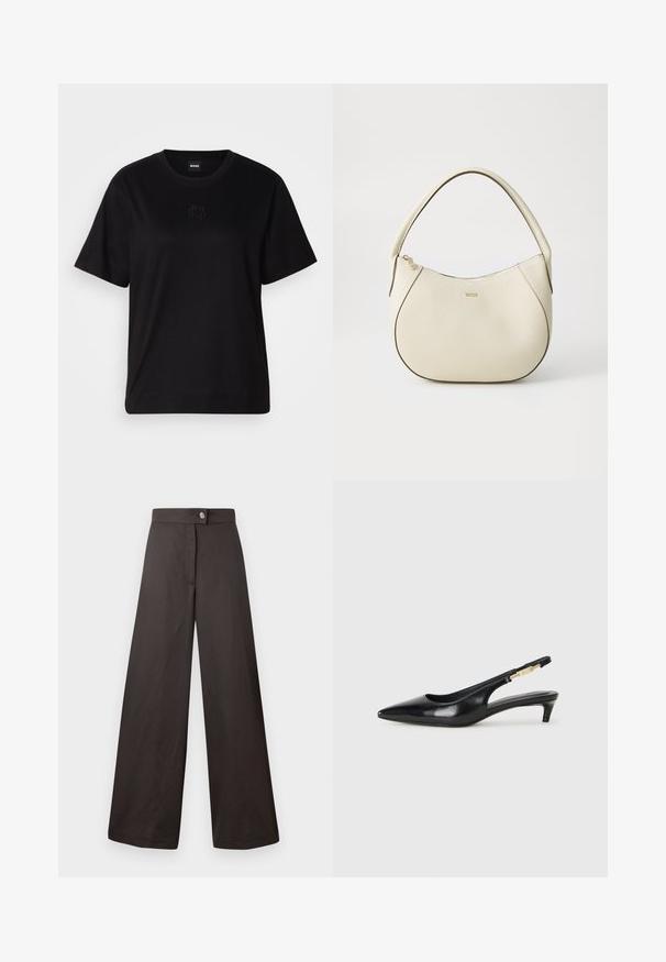 Svart bomull T-skjorte med rund hals, korte ermer og et brodert logo på brystet. Enkel, avslappet passform uten mønstre.; Sorte vide benbukser med en glat tekstur, som har en frontknaplukning og et rent, enkelt design. Ingen mønstre eller detaljer synlige.; Sorte lærreim hæler med spiss tå, som har en slank hæl og en gullfarget detalj på den justerbare stroppen. Glatt tekstur.; Kremfarget håndveske med teksturert overflate, buet form, kort håndtak og gullfarget logo. Glidelås lukking på toppen.