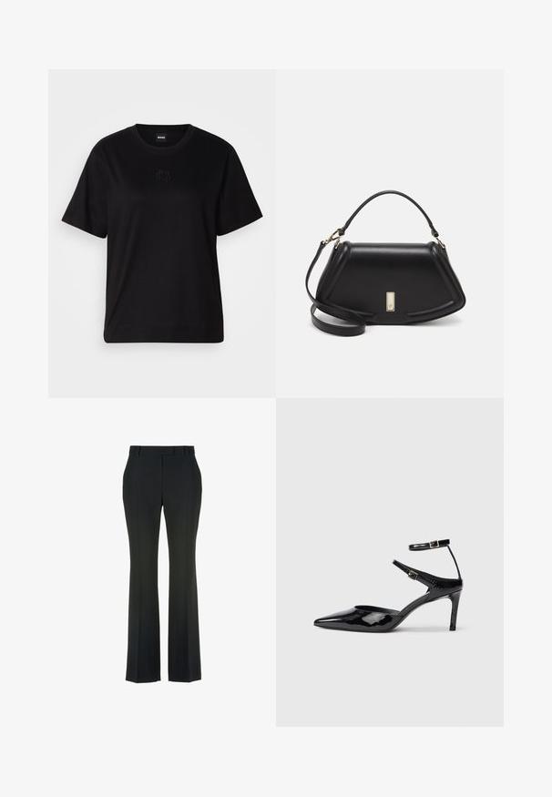 Zwarte katoenen t-shirt met een ronde hals, korte mouwen en een geborduurd logo op de borst. Eenvoudige, comfortabele pasvorm zonder patronen.; Zwarte, flare-pantalons met een gladde textuur en een voornaad. Heeft een klassieke tailleband en geen zichtbare versieringen.; Zwarte laarzen van gepatenteerd leer met een spitse neus, verstelbare enkelbandjes en een slanke hak. Gladde textuur met een glanzende afwerking.; Zwarte leren handtas met een gestructureerd ontwerp, featuring een verkorte vorm, bovenhandvat en gouden hardwareaccent. Inclusief verstelbare schouderband.