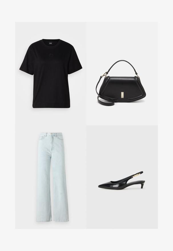 Black cotton t-shirt with a crew neckline, short sleeves, and an embroidered logo on the chest. Simple, relaxed fit with no patterns.; Light blue wide-leg jeans with a high waist, made from denim fabric. Features a button and zipper closure with front pockets.; Black leather slingback heels with a pointed toe, featuring a slim heel and a gold-tone accent on the adjustable strap. Smooth texture.; Black leather handbag with a structured design, featuring a cropped shape, top handle, and gold hardware accent. Adjustable shoulder strap included.