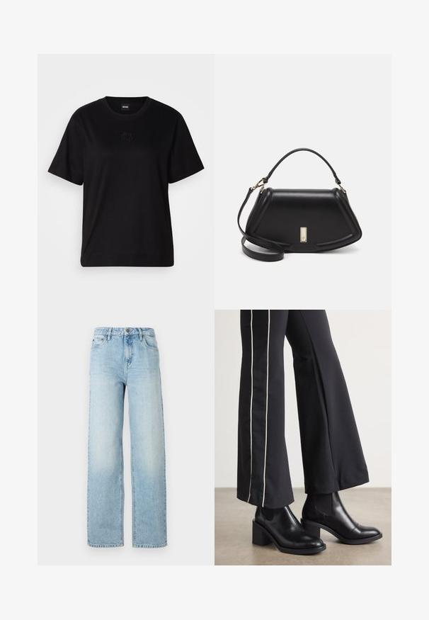Maglietta in cotone nera con scollatura tonda, maniche corte e logo ricamato sul petto. Design semplice e vestibilità rilassata senza motivi.; Jeans a gamba larga in denim azzurro chiaro con un classico design a cinque tasche, chiusura con bottone e una leggera sbiaditura per aggiungere texture.; Stivaletti in pelle nera con tacco a blocco, dotati di pannelli elastici sui lati. Abbinati a pantaloni neri con una striscia bianca laterale.; Borsa a mano in pelle nera con un design strutturato, caratterizzata da una forma corta, manico superiore e accessori in metallo dorato. Inclusa tracolla regolabile.