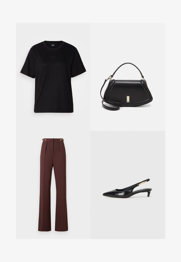 Black cotton t-shirt with a crew neckline, short sleeves, and an embroidered logo on the chest. Simple, relaxed fit with no patterns.; High-waist brown wide-leg trousers with front pleats and gold button details on adjustable waist tabs.; Black leather slingback heels with a pointed toe, featuring a slim heel and a gold-tone accent on the adjustable strap. Smooth texture.; Black leather handbag with a structured design, featuring a cropped shape, top handle, and gold hardware accent. Adjustable shoulder strap included.