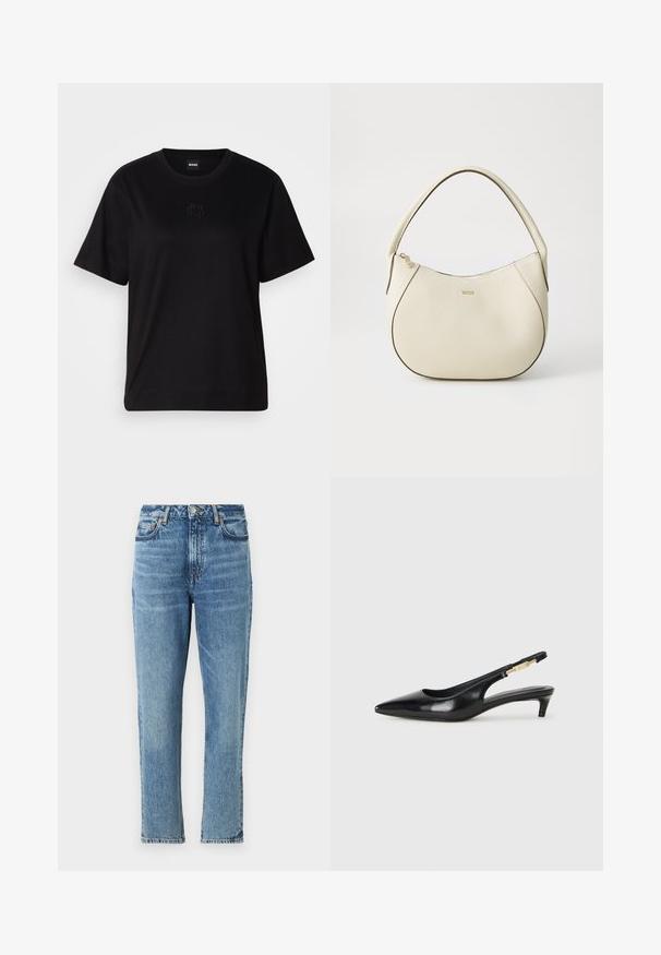 Svart bomull T-skjorte med rund hals, korte ermer og et brodert logo på brystet. Enkel, avslappet passform uten mønstre.; Lyseblå denimjeans med høy midje, rette ben og falmet tekstur. Har sølvfarget detaljer og kontrasterende sømmer.; Sorte lærreim hæler med spiss tå, som har en slank hæl og en gullfarget detalj på den justerbare stroppen. Glatt tekstur.; Kremfarget håndveske med teksturert overflate, buet form, kort håndtak og gullfarget logo. Glidelås lukking på toppen.
