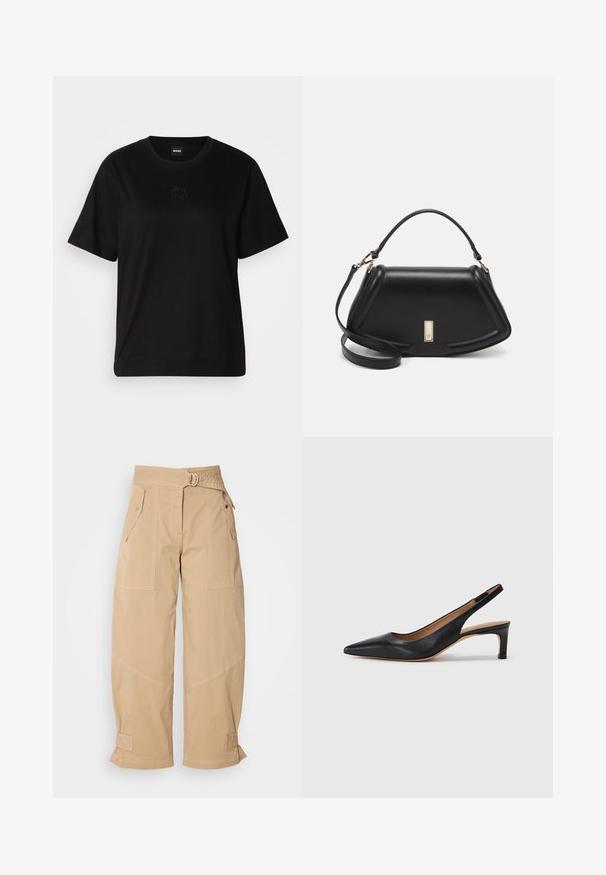 Black cotton t-shirt with a crew neckline, short sleeves, and an embroidered logo on the chest. Simple, relaxed fit with no patterns.; Beige wide-leg pants made of durable fabric, featuring two front pockets, a belted waist, and folded cuffs with stitched accents.; Black leather slingback pump with a pointed toe, low heel, and a smooth texture. Features a thin adjustable strap for a secure fit.; Black leather handbag with a structured design, featuring a cropped shape, top handle, and gold hardware accent. Adjustable shoulder strap included.