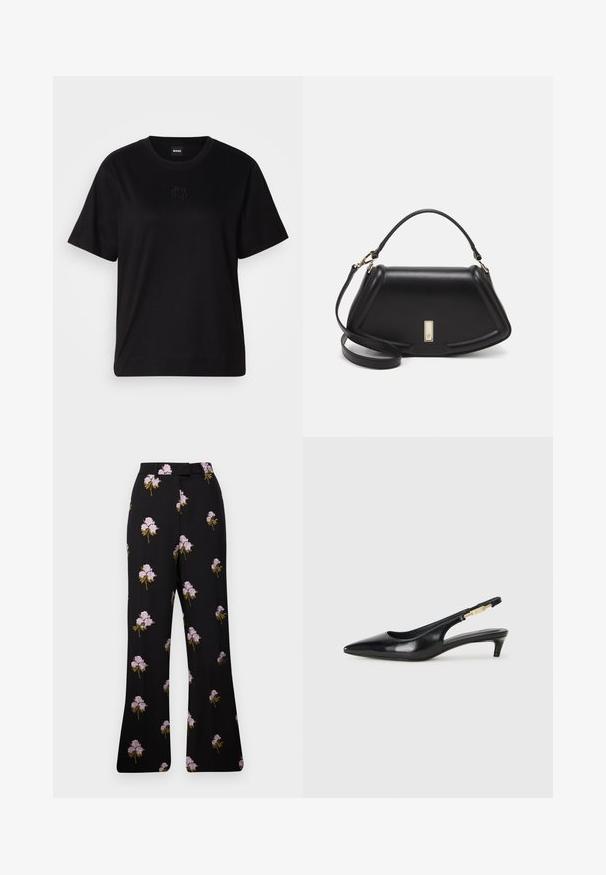 Crna pamučna majica s okruglim izrezom, kratkim rukavima i izvezenim logotipom na prsima. Jednostavan, opušten kroj bez uzorka.; Crne cvjetne hlače s ljubičastim izvezenim cvjetovima, suženi dizajn, široke nogavice i detalj na struku. Mekana tkanina s glatkom teksturom.; Crne kožne sandale s petom, s izduženim vrhom, imaju usku petu i zlatni akcent na podesivoj traci. Glatka tekstura.; Crna kožna torba s strukturiranim dizajnom, s krojenim oblikom, gornjom drškom i zlatnim detaljima. Uključena je podesiva ramena traka.