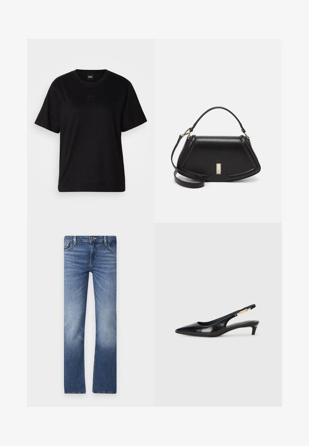 Čierne bavlnené tričko s okrúhlym výstrihom, krátkymi rukávmi a vyšívaným logom na hrudi. Jednoduchý, voľný strih bez vzorov.; Modré džínsy s rovnými nohavicami, s vyblednutým dizajnom, piatimi vreckami a striebornými kovovými prvkami na páse.; Čierne kožené slingback opätky s špicatou špičkou, s úzkym opätkom a zlatým detailom na nastaviteľnom remienku. Hladká textúra.; Čierna kožená kabelka so štruktúrovaným dizajnom, s krátkym tvarom, hornou rúčkou a zlatými prvkami. Súčasťou je nastaviteľný ramenný popruh.