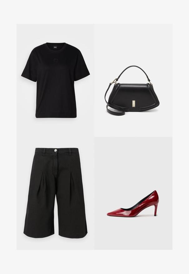 Camiseta de algodón negra con cuello redondo, mangas cortas y un logo bordado en el pecho. Ajuste simple y relajado sin patrones.; Pantalones cortos negros hasta la rodilla hechos de una mezcla de algodón. Presentan pliegues, un cierre frontal con botón y un diseño de cintura clásico.; Zapato de tacón alto de charol rojo con punta afilada y tacón delgado. Textura suave con un acabado brillante y forro interior negro.; Bolso de mano de cuero negro con un diseño estructurado, que presenta una forma recortada, asa superior y acentos en dorado. Correa de hombro ajustable incluida.