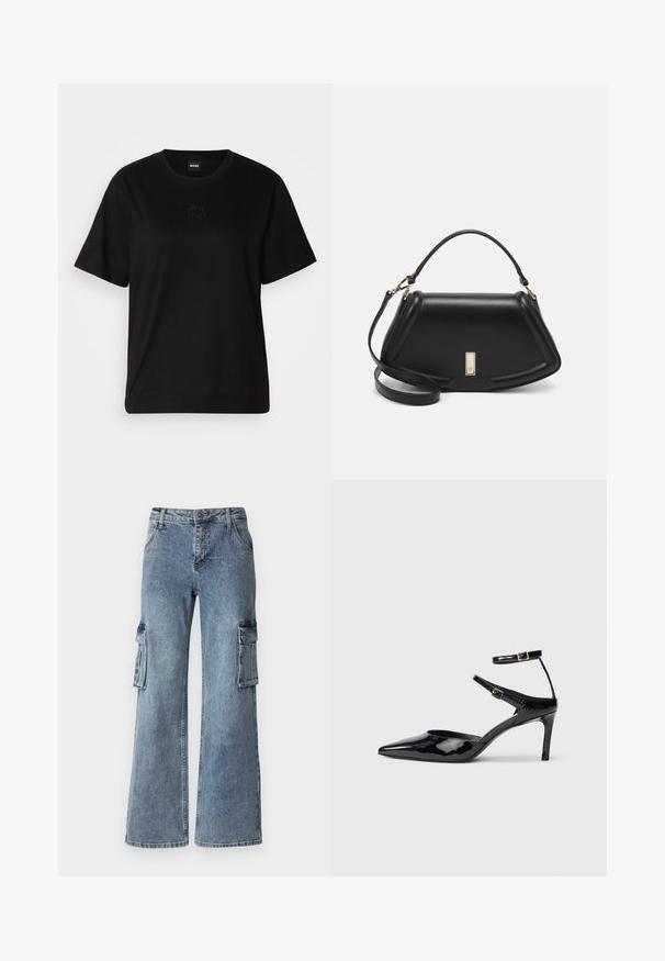 Black cotton t-shirt with a crew neckline, short sleeves, and an embroidered logo on the chest. Simple, relaxed fit with no patterns.; Wide-leg blue denim cargo pants featuring side pockets, a button closure, and belt loops. The fabric has a light wash with subtle fading.; Black patent leather heels with a pointed toe, adjustable ankle straps, and a slender heel. Smooth texture with a shiny finish.; Black leather handbag with a structured design, featuring a cropped shape, top handle, and gold hardware accent. Adjustable shoulder strap included.