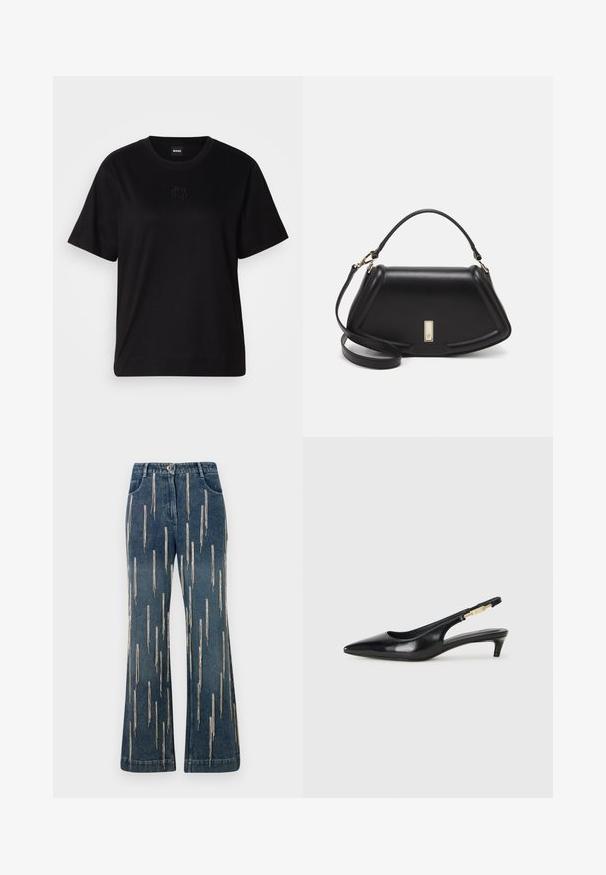 Melna kokvilnas T-krekls ar apaļu izgriezumu, īsām piedurknēm un izšūtu logotipu uz krūtīm. Vienkāršs, brīvs piegriezums bez rakstiem.; Tumši zilie dāmas džinsi ar platām kājām un vertikāliem sudraba rotājumiem. Aprīkoti ar jostu cilpām, priekšējām kabatām un pogu aizdari.; Melnas ādas slingback zābaki ar smailu purngalu, ar šauru papēdi un zelta krāsas akcentu uz regulējama siksniņas. Gluda tekstūra.; Melnas ādas roku soma ar struktūru, ar īsu formu, augšējo rokturi un zelta aksesuāriem. Iekļauta regulējama plecu siksna.